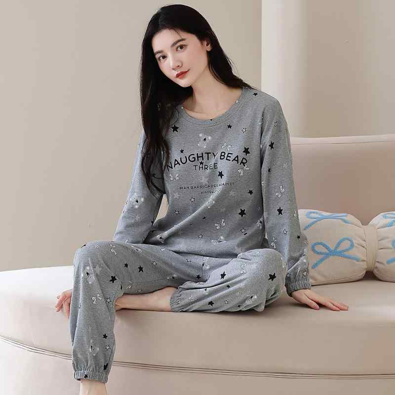 パジャマ レディース 長袖 厚手 グレー 秋冬 ゆったり 丸首 綿 保温 快適 部屋着 外出着 カジュアル リ..