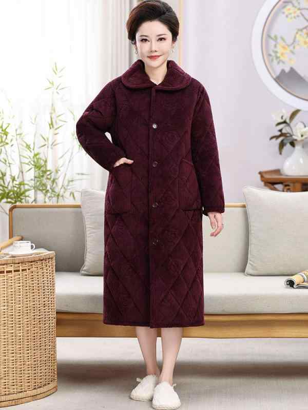 ルームウェア レディース 向け 冬用 暖か フリース 綿入れ 加厚 中長丈 ガウン 部屋着 保温 柔らかい 綿素材 ゆったりシルエット