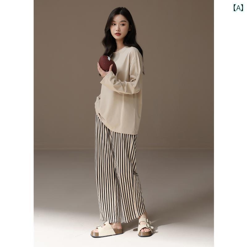 ルームウェア レディース 2025年 カップル パジャマ 男女 春秋 スタイル 綿 長袖 ティーンエイジャー 無地 ストライプ ラウンドネック ホームウェア