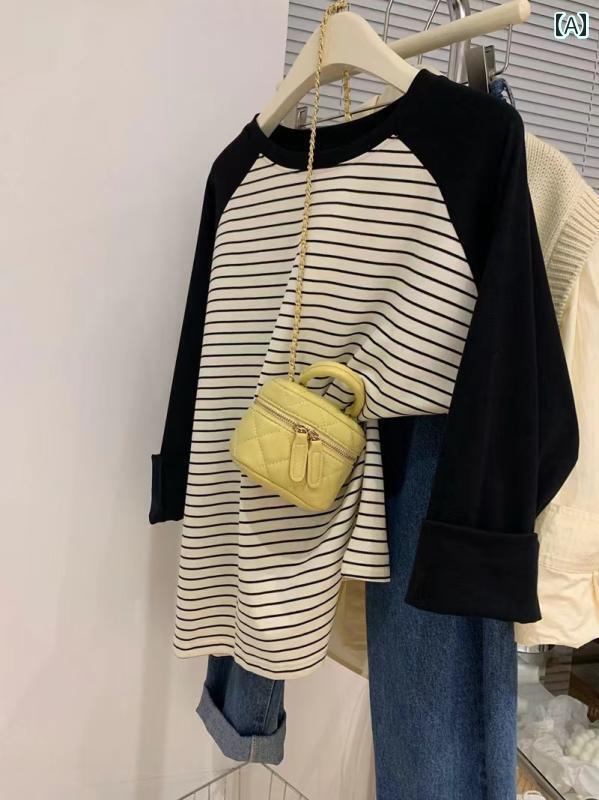 レディース トップス 特大 サイズ 300 斤 綿 ストライプ ラグラン 長袖 Tシャツ レディース 春秋 ゆっ..