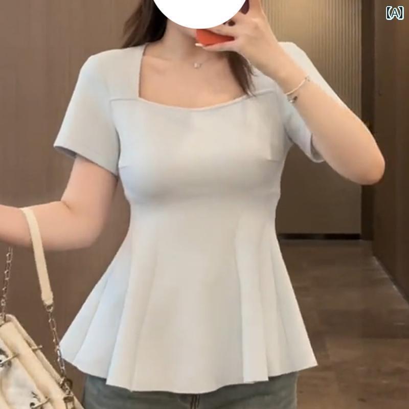 レディース トップス 大きいサイズ 女性 スリム Tシャツ 2025 夏 MM スクエアネック 不規則 半袖 トップス 女性用