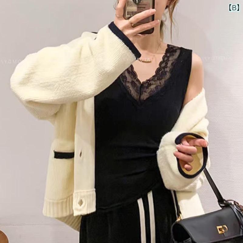 レディース トップス インナー レースキャミソール ベスト レディース 秋冬 2025新 スタイル サイド 胸 カバー ノースリーブ フレンチ Vネック ベース ホワイト トップ