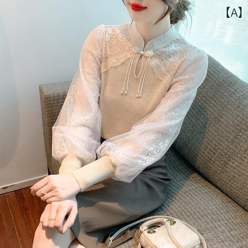 レディース トップス 春に レディース 中国 レトロ ボタン 付き トップス メッシュ スプライシング レース シフォンシャツと ニット セ..