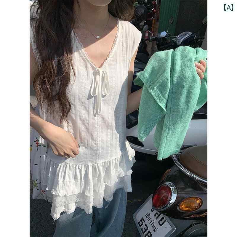 レディース トップス リボン レースの 二 重 レースキャミソール レディース ミドル 丈 ノースリーブ ..