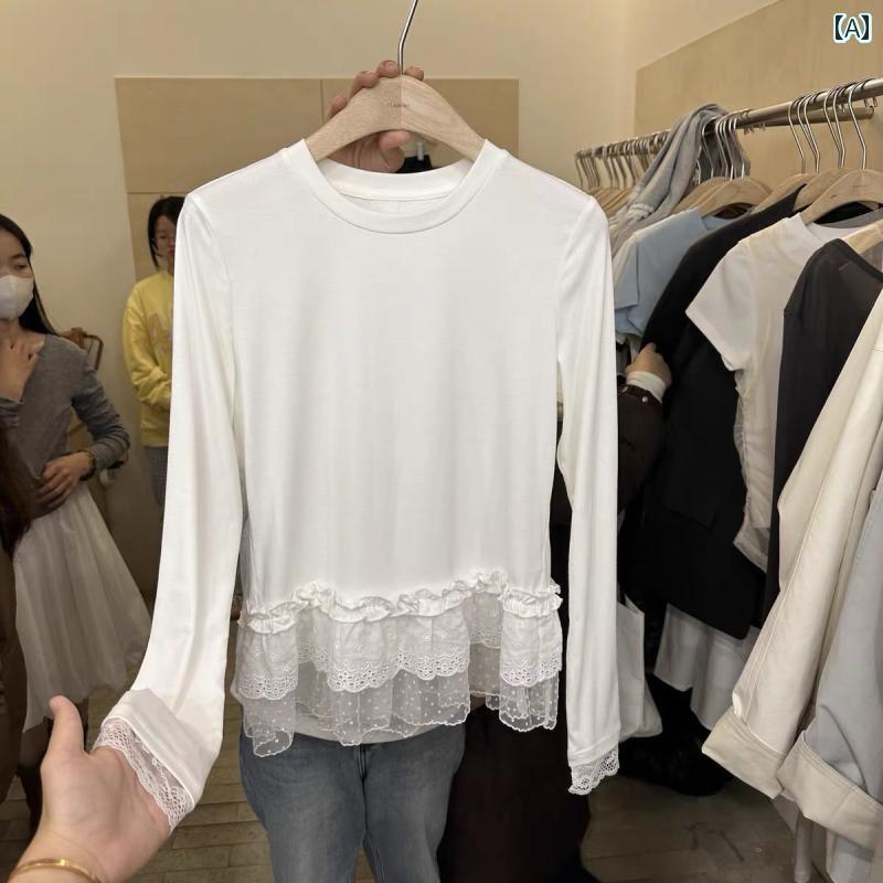 韓国 ラウンドネック レース メッシュ スプライシング 長袖 Tシャツ レディース 春秋 重ね 着 小さい ..
