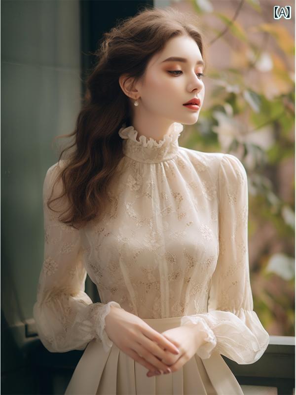 レディース トップス かわいい フランス 風の 美しい ウエストの ブラウス 西洋風の ユニークで ユニークな トップス 秋冬 レディース 白い レース シルク マルベリー シルクシャツ