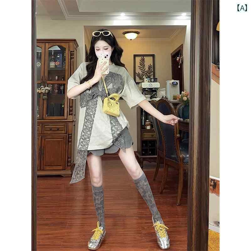 レディース トップス かわいい 韓国 レース リボン 半袖 Tシャツ レディース 夏 ゆったり スリム レトロ スタイル トップス