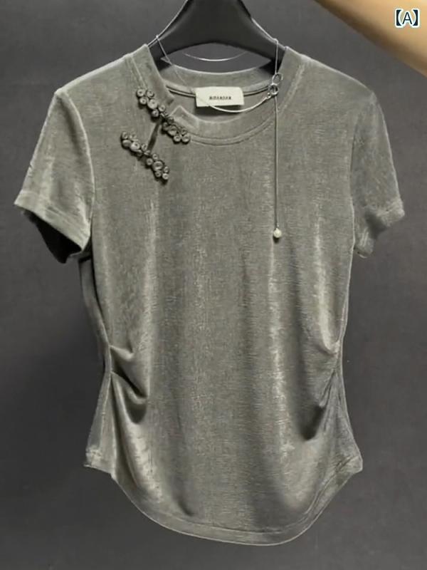 レディース トップス かわいい 半袖 ストレート ショルダー Tシャツ 夏 チャイナ風 レディース グレー ショート ボタン トップ ハイエ..