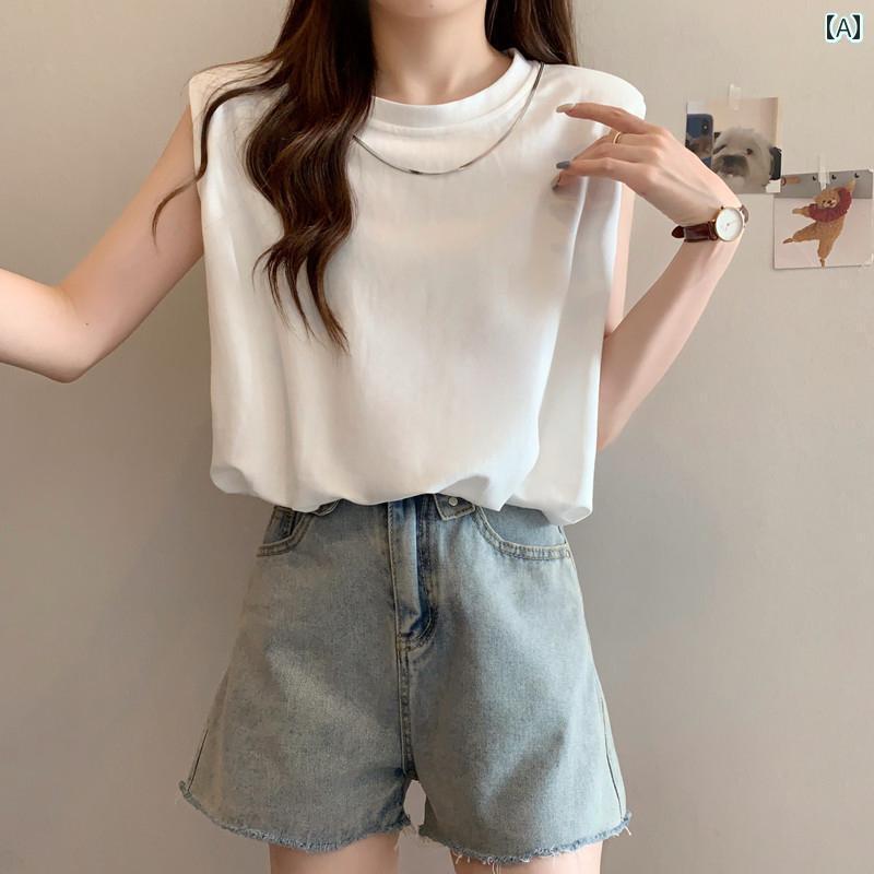 レディース トップス かわいい ショルダーパッド入り ノースリーブベスト Tシャツ 女性 夏 大きめ サイ..