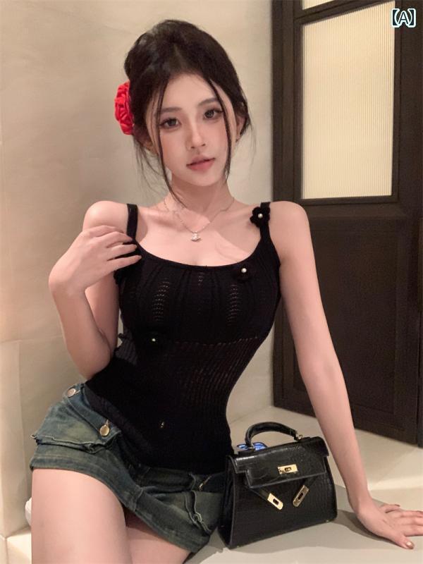 レディース トップス 大きいサイズ 婦人服 やや 太め MM フラワー ニットキャミソール 夏 スリムトップ..