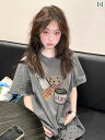 レディース トップス アメリカン レトロ ファン プリント グレー ストレート ショルダー 半袖 Tシャツ 女性 2025 夏 ゆったり トップス