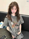 レディース トップス プリント グレー ストレート ショルダー 半袖 Tシャツ レディース 夏 2025 ゆったり スタイル 綿 トップス