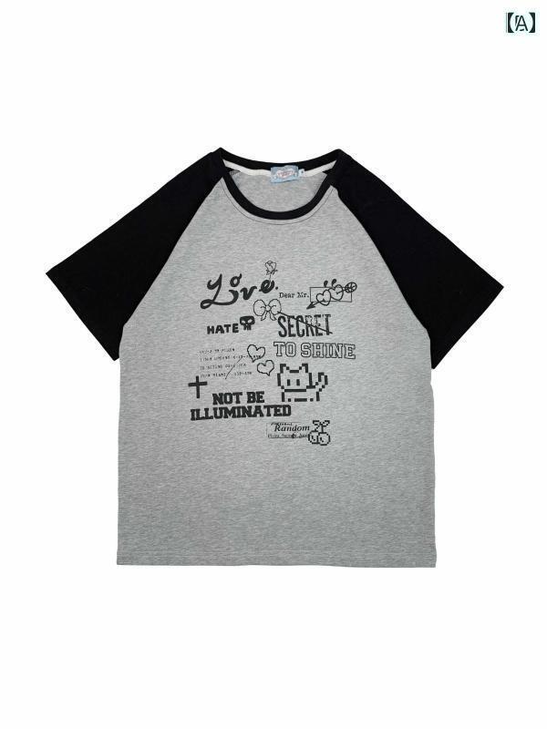 レディース トップス アメリカン レトロ グラフィティ キャット プリント ラグラン 半袖 Tシャツ レデ..