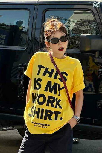 レディース トップス 2025 白い 明るい 色の 半袖 Tシャツ 黄色の 夏の アメリカン 重い ゆったりした カップルの レディース トップスの レディース トップス 2025 白い 明るい 色の 半袖 Tシャツ 黄色の 夏の アメリカン 重い ゆったりした カップルの レディース トップスの