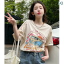 レディース トップス プリント ストレート ショルダー 半袖 Tシャツ 夏用 レディース シック ラージ カジュアル ハーフスリーブ スリム トップ