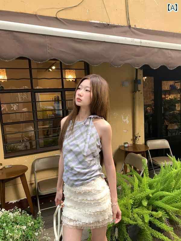 レディース トップス かわいい Xinbangbang 自家製の 塩味と 甘味の 蝶 ネクタイ ホルターネックキャミソール 女性用 甘くて スパイシーな ノースリーブ チェック 柄 トップ