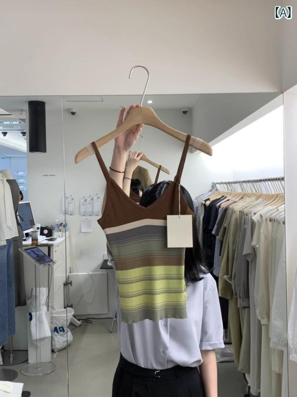 レディース トップス かわいい 韓国 東大門 2025 春秋 レトロ ファッション スリム Vネック ストライプ ニット キャミソール ベスト レディース トップス