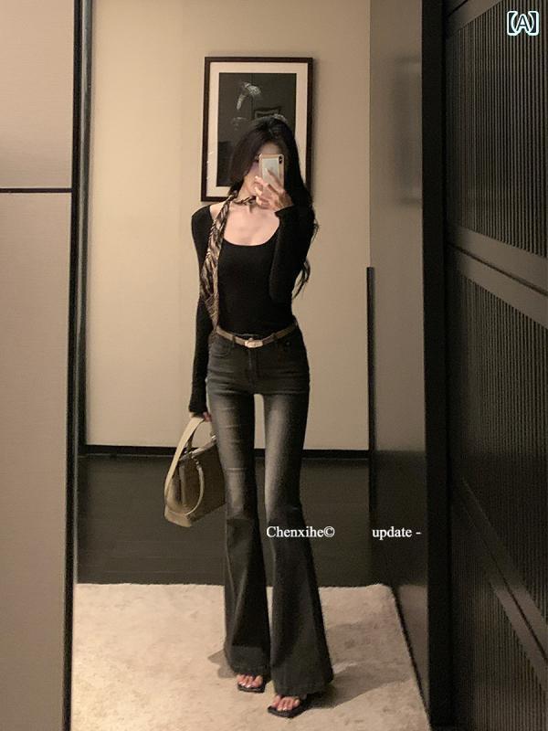 ワイド パンツ オシャレ 何 晨 希 クラシック アメリカン ブラック ハイウエスト フレア スリム ジーンズ レディース 秋 ピーチ ヒップ レトロ モップ パンツ