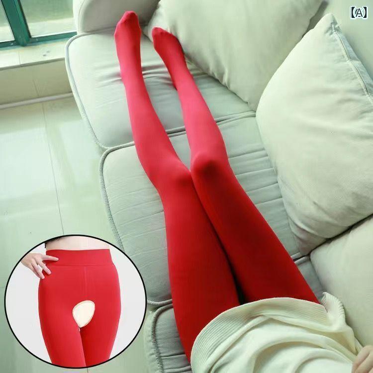 レディース パンツ レディース 花嫁の ウェディングお祝いの 明るい 赤の オープンクロッチ パン スト 秋冬 厚手 フリース アウターウェア プラス 大きいサイズ ステップ フット レギンス