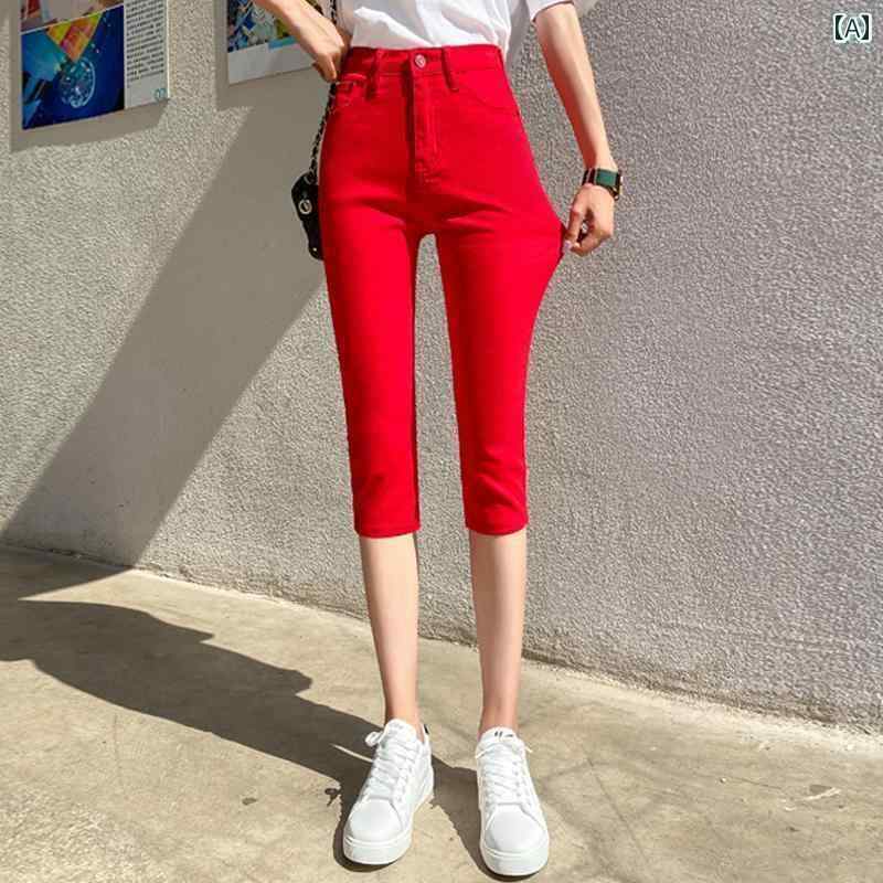 レディース パンツ レディース 赤い 夏の 薄手 韓国 レディース パンツ スリム レギンス 七分丈 ジーンズ