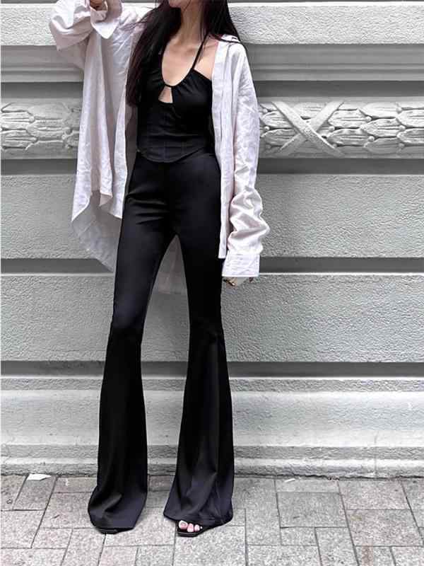 レディース パンツ オシャレ 女性用 ブラック フレアパンツ ハイウエスト スリム 長め 細身 サテン パ..