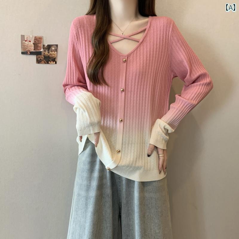 レディース トップス かわいい ピンク グラデーション ニット セーター クロス Vネック 長袖 レディース 春 大きいサイズ mm ゆったり レイヤリング シャツ トップス