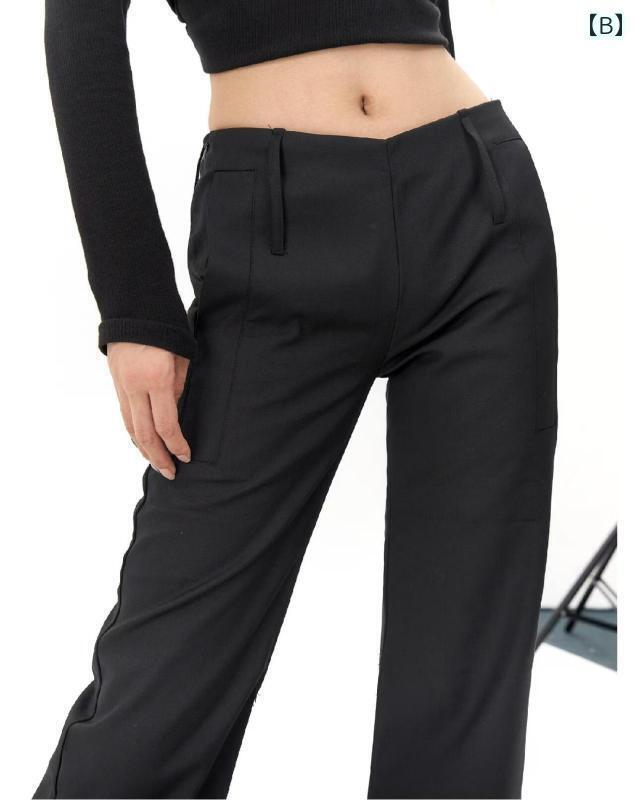 willあさひ楽天市場店のデニム ワイド パンツ 女性用 ブラック スーツ パンツ ハイエンド ドレープ 脚に くっつかない 太めの mm スリミング アメリカン ローウエスト やや フレア 細身 ワイド レッグ｜アングル2