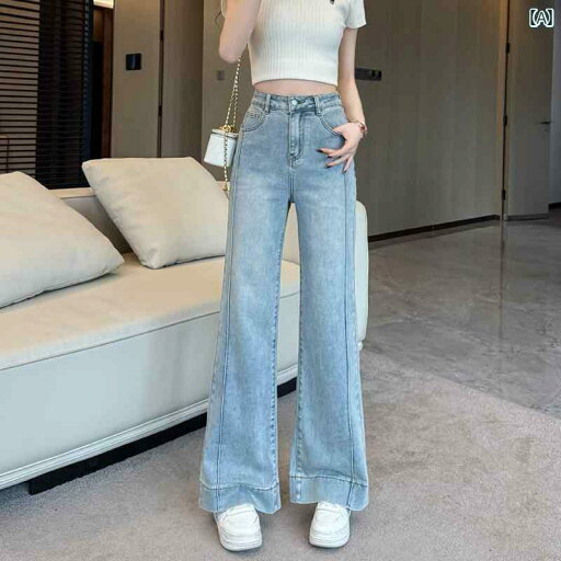 レディース パンツ オシャレ 夏用の ライト ブルーの ナローの ワイド レッグ ジーンズ 小さい サイズ ハイウエスト スリム 背が 高く ゆったり 床までの 長さ わずかに フレアの パンツ。 レディース パンツ オシャレ 夏用の ライト ブルーの ナローの ワイド レッグ ジーンズ 小さい サイズ ハイウエスト スリム 背が 高く ゆったり 床までの 長さ わずかに フレアの パンツ。
