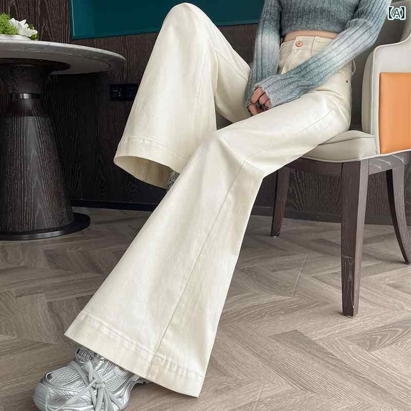 レディース パンツ オシャレ レディース ホワイト ワイド レッグ フレアジーンズ 2025 春 ハイウエスト..