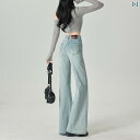 レディース パンツ オシャレ 2025 春の レディース向け ライト カラーの ハイウエスト フレアジーンズ ゆったり ストレート レッグの ゴムと ロング ホ...