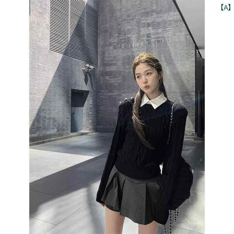 レディース トップス かわいい 秋冬用 アメリカン カレッジ 風 フェイク ツーピース ブラック インナー..