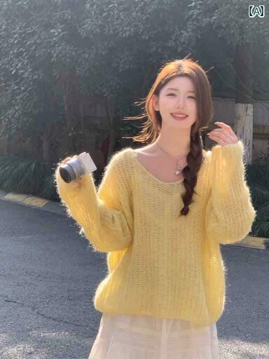 レディース トップス かわいい イエローの Vネック ニット セーター トップス レディース 2025 春 フレンチ モヘアセーター レディース トップス かわいい イエローの Vネック ニット セーター トップス レディース 2025 春 フレンチ モヘアセーター