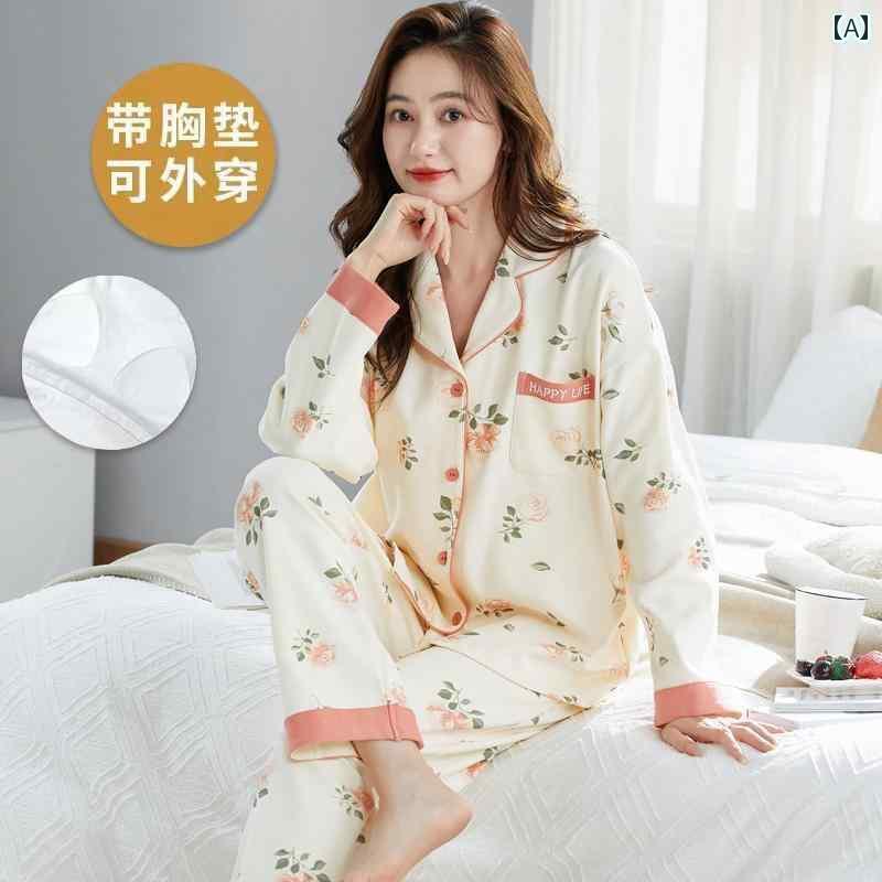 ルームウェア レディース パジャマ 春秋 女性用 パッド イン ワン パジャマ 長袖 綿 2025年の新 スタイル 高級 秋 ホームウェア スーツ