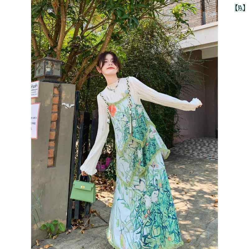 レディース ワンピース かわいい ぐら 良品 春日 釉 翡翠 美しい フェイク ツーピース プリント スカー..