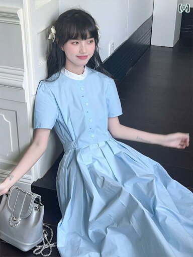 レディース ワンピース かわいい マッド ライト ブルー ドレス ホワイト スタンドカラー 通勤 カレッジ スタイル シンプル プリーツ ロング スカート レディース ワンピース かわいい マッド ライト ブルー ドレス ホワイト スタンドカラー 通勤 カレッジ スタイル シンプル プリーツ ロング スカート