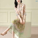 レディース ワンピース かわいい ハイエンド シルクドレス 夏 2024 チャイナ風 スタンドカラー チャイナ ドレス 女性 桑 シルク 花柄 スカート