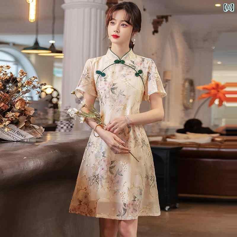 レディース ワンピース スタンドカラーの チャイナ ドレスは 夏の ドレスを し 太った mmの 年齢を 減らす 西洋風の スカート 大きいサイズ スリム チャイナ風 レディース ドレス