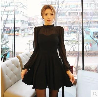 レディース ワンピース 春の スタンドカラー パフスリーブ スリムフィット セクシー シフォン バック レス ステッチ ロングスリーブ スイング ドレス