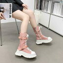 スニーカー ブーツ 英国 風 ハイカット ブーツ レディース 2025 春 キャンバス シューズ 厚底 ロング トップ モーター サイクル スキ ニーブーツ