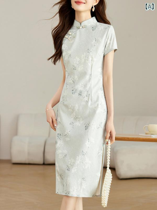 ワンピース ドレス シンプル 中国 ドレスの 女性 2025 夏の レディース 服の 民族 ウエストを 細くする スカートのを した チャイナ ドレス スカート