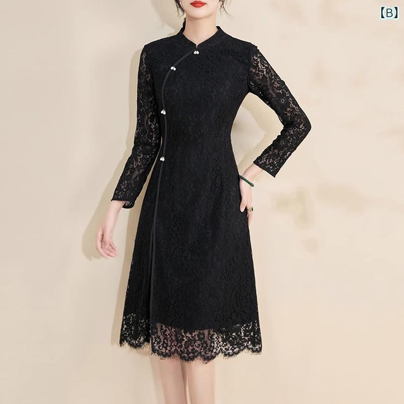 ワンピース ドレス シンプル 墨と 墨の 清 華 2025夏の スリム チャイナ風 チャイナ ドレス エレガントな 万能 レース