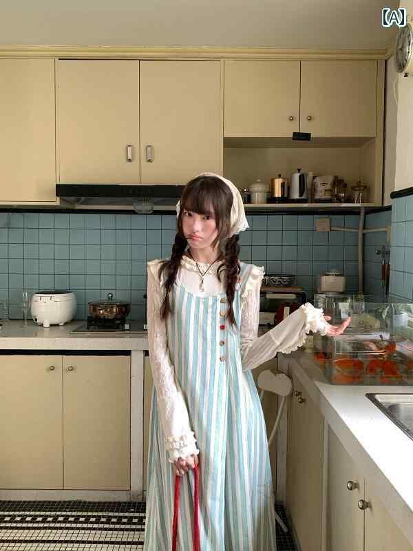 チーズ デイ ミント ブルーストライプ サスペンダー スカート 2025 春 フレンチテイスト ワンショルダ..