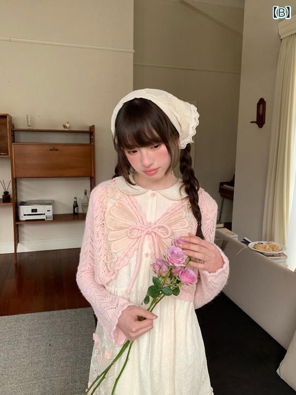 レディース トップス オシャレ 春 チーズ デイ スイート ピンク バタフライ ノースリーブ ドレス 2025 春 ゆったり スリム ドール カラー aライン