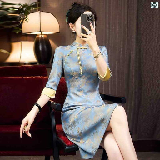 レディース トップス オシャレ 春夏の ハイエンドの レディース チャイナ風 青い 金糸の ジャカードの スリム ヒップ ラップの チャイナ ドレス レディース トップス オシャレ 春夏の ハイエンドの レディース チャイナ風 青い 金糸の ジャカードの スリム ヒップ ラップの チャイナ ドレス