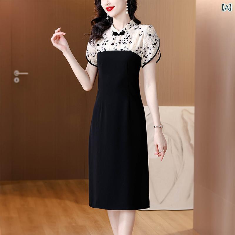 レディース トップス オシャレ 春 チャイナ風 民族 風の チャイナ ドレス レディース 夏の 母親の フェイクの ツーピースの スリット ヒップ スカート