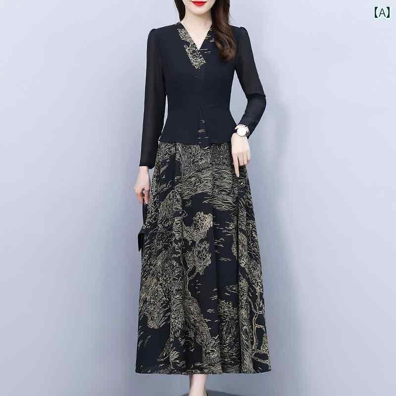 レディース トップス オシャレ 春 高級 長袖 シフォンワンピース 女性 2025 春秋 スタイル 母親の の とな フェイク ツーピース