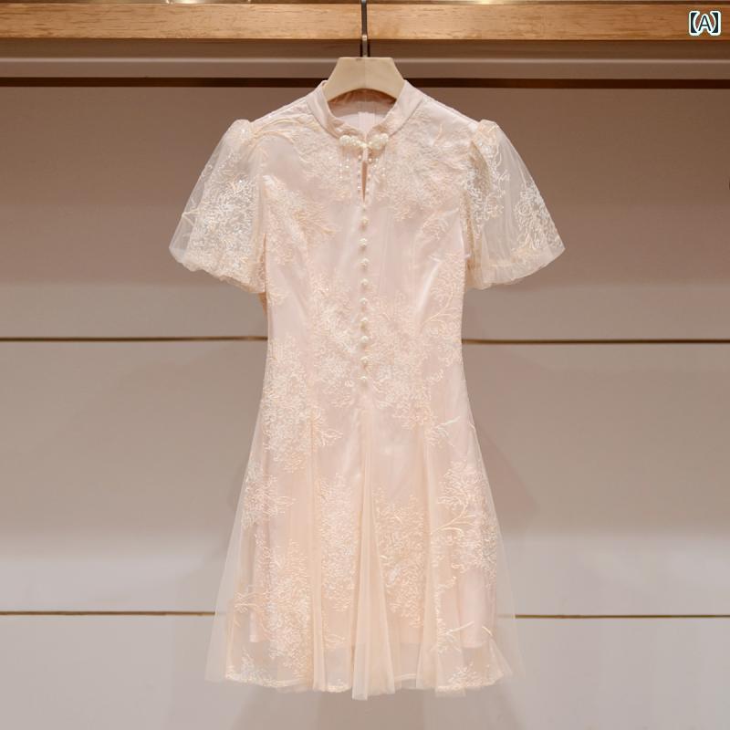 チャイナ風 スタンドカラー バブル ドレス 女性 JOOVA 2024 夏の 民族 風 レディース メッシュ スカート