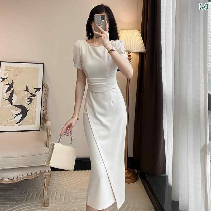 高級 レディース 半袖 スリム ドレス 女性 夏 軽量 婦人服 新型 ウエスト フレンチ ロング スカート