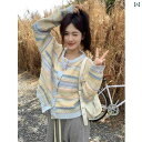 レディース トップス オシャレ 春 柔らかくて 粘着性の ある の ストライプ ラウンドネックニットカーディガン。 レディース 秋冬用 ゆったり カジュアル シ...