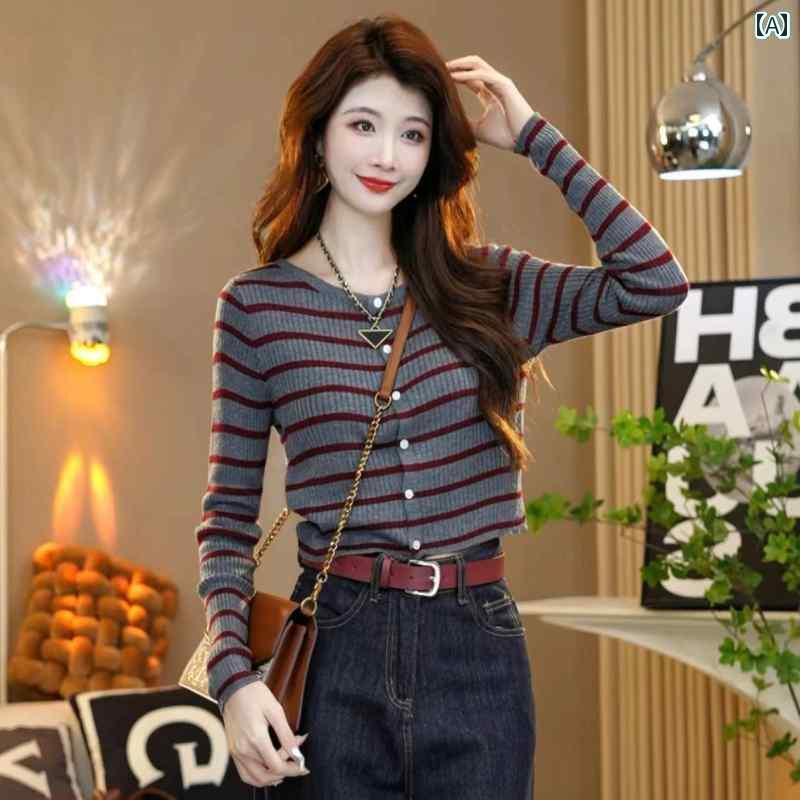 レディース トップス オシャレ 春 の ファッション ストライプ ラウンドネック セーター レディース 2025 春 スタイリッシュな ボトムス カーディガン トップス